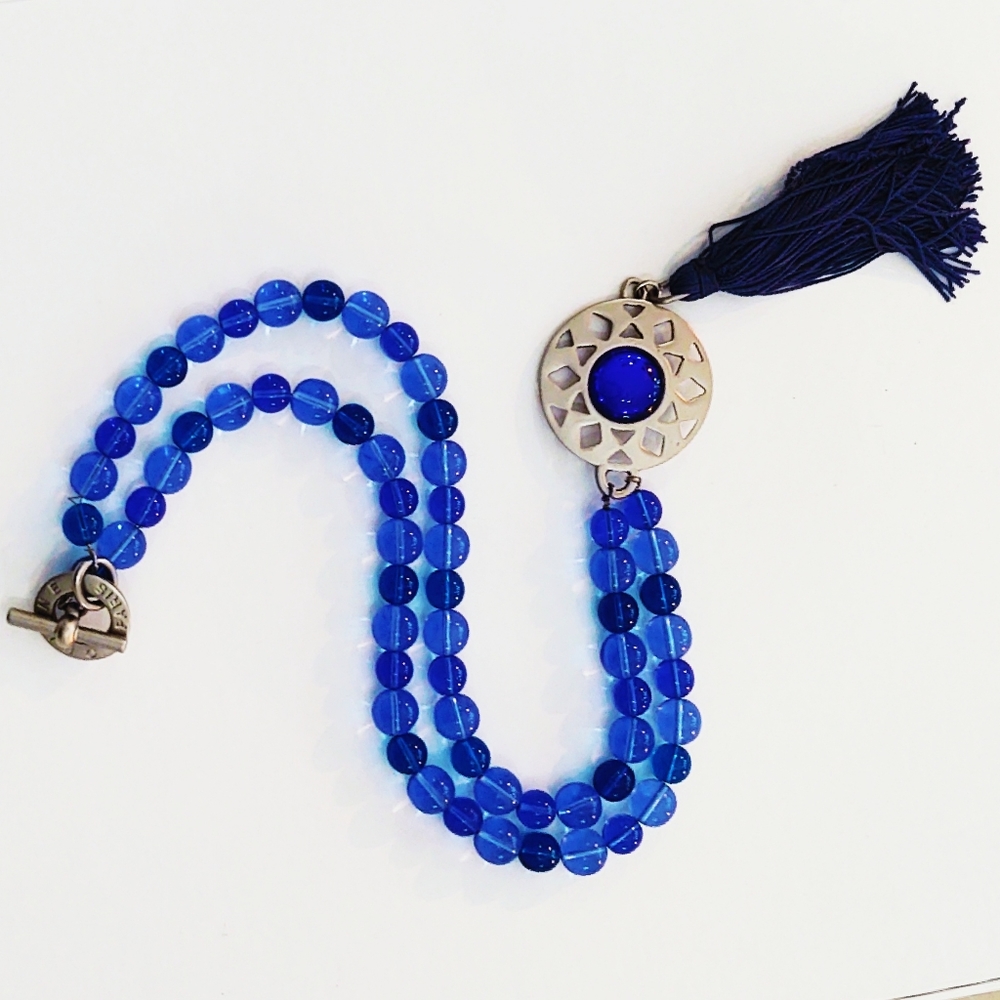 Vintage Celine Paris Oversized Blue Glass Bead & Gripoix Silver Necklace - Picture 5 of 15